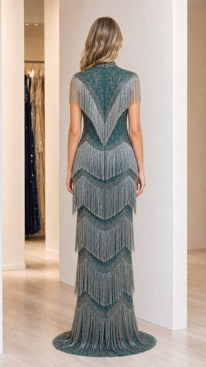 Back view of model wearing emerald green beaded fringe evening gown