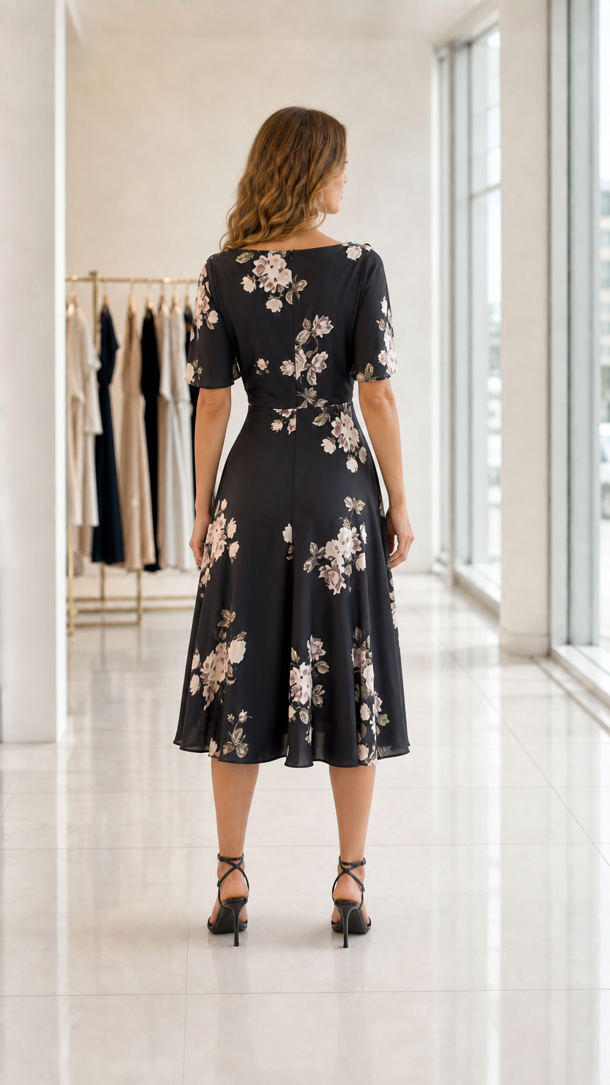 Back view of model wearing black floral midi dress with fitted waist