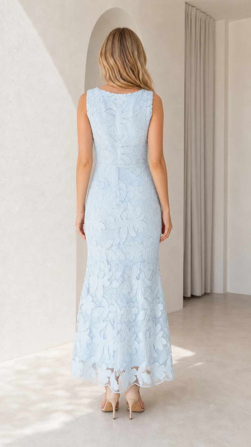 Back view of model in light blue sleeveless lace maxi dress