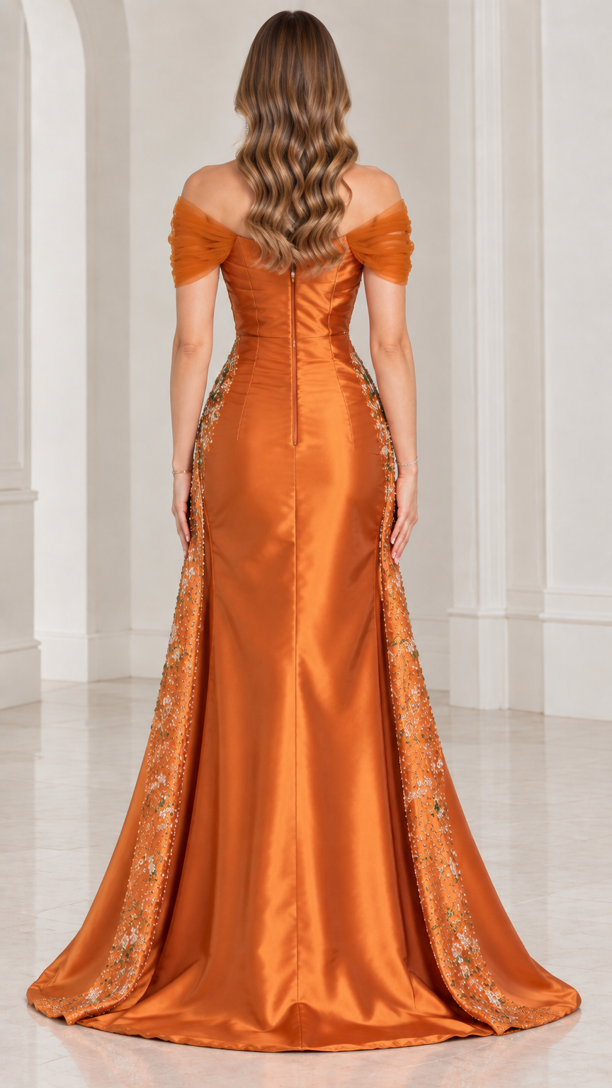 Back view of rust orange floor-length satin evening gown with sweeping train