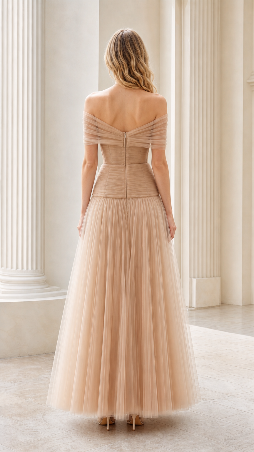 Back view of champagne tulle off-the-shoulder formal gown