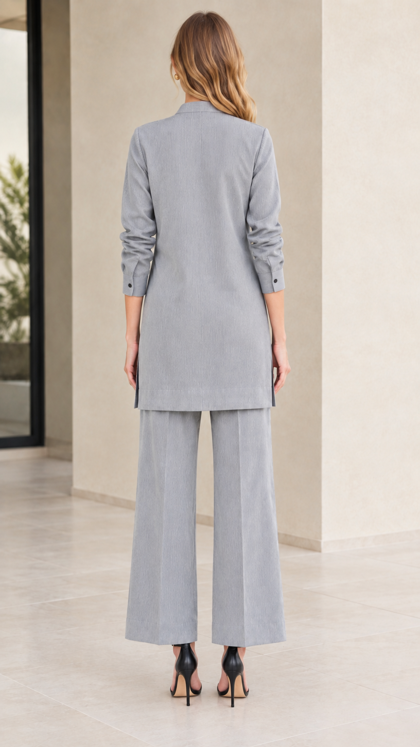Back full-length view of woman in Light Grey longline tunic and wide leg trousers