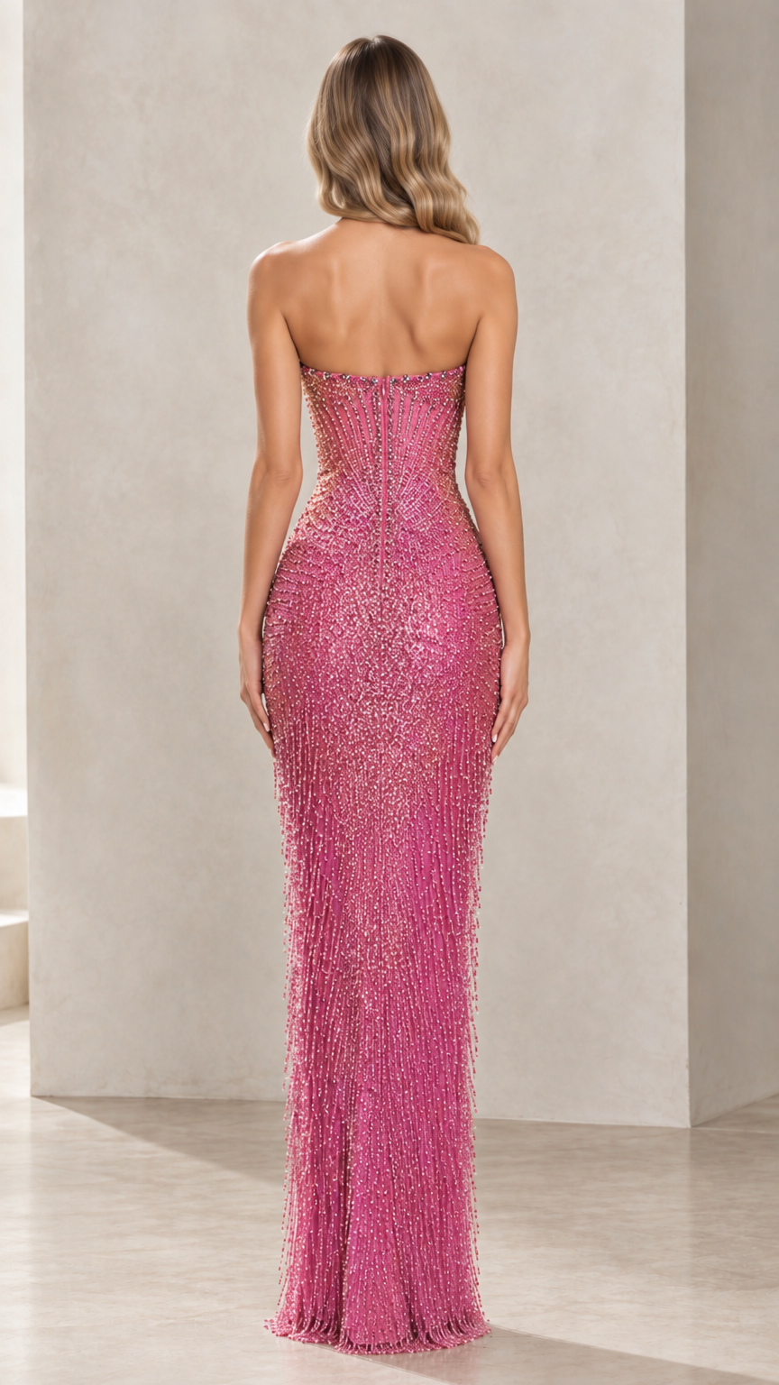 Back view of woman in fitted strapless rose pink beaded formal dress