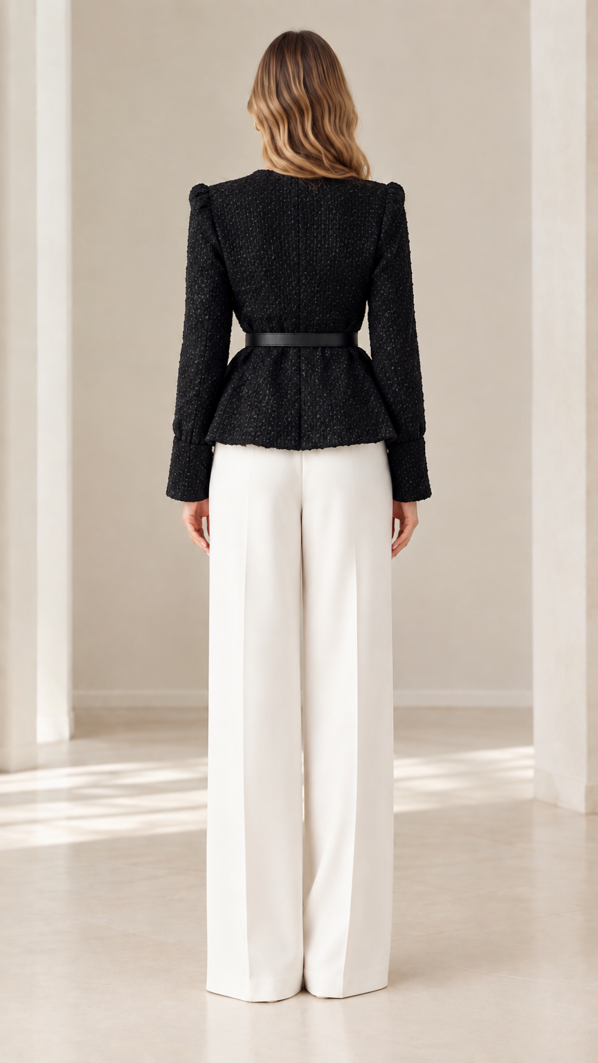 Back view of model in black collarless tweed peplum jacket and white wide-leg pants