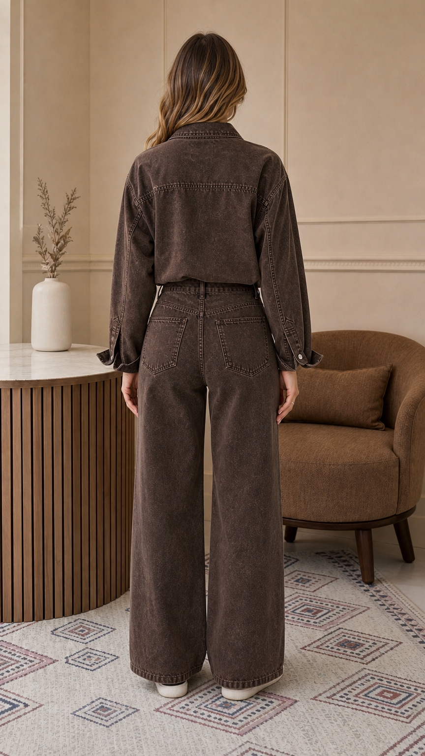 Back view of woman wearing brown wide-leg denim jumpsuit showing rear pockets and fit
