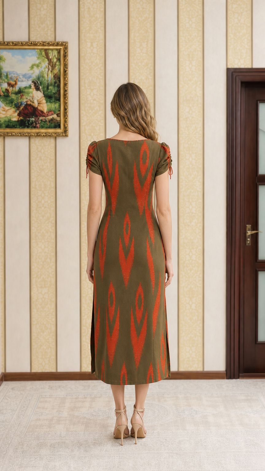 Back view of woman wearing olive green patterned midi dress with short sleeves