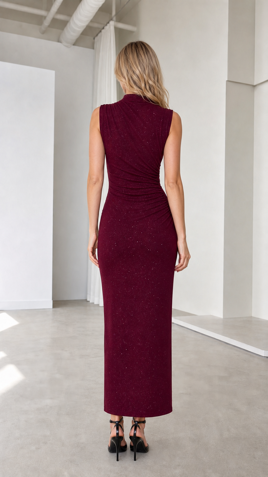 Burgundy high neck sparkle maxi dress back view