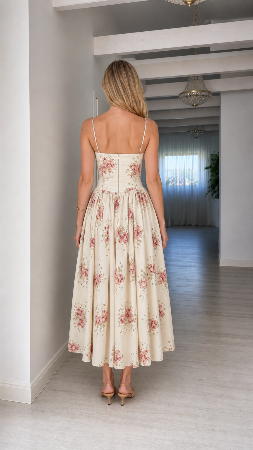 Back view of woman wearing cream floral midi dress