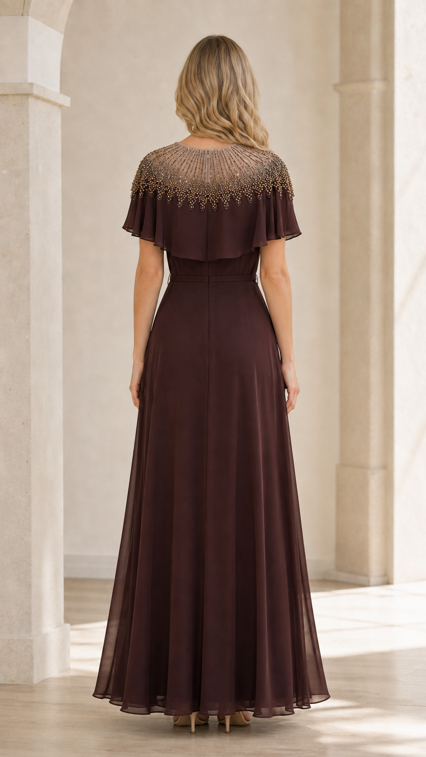 Back view of brown formal maxi dress