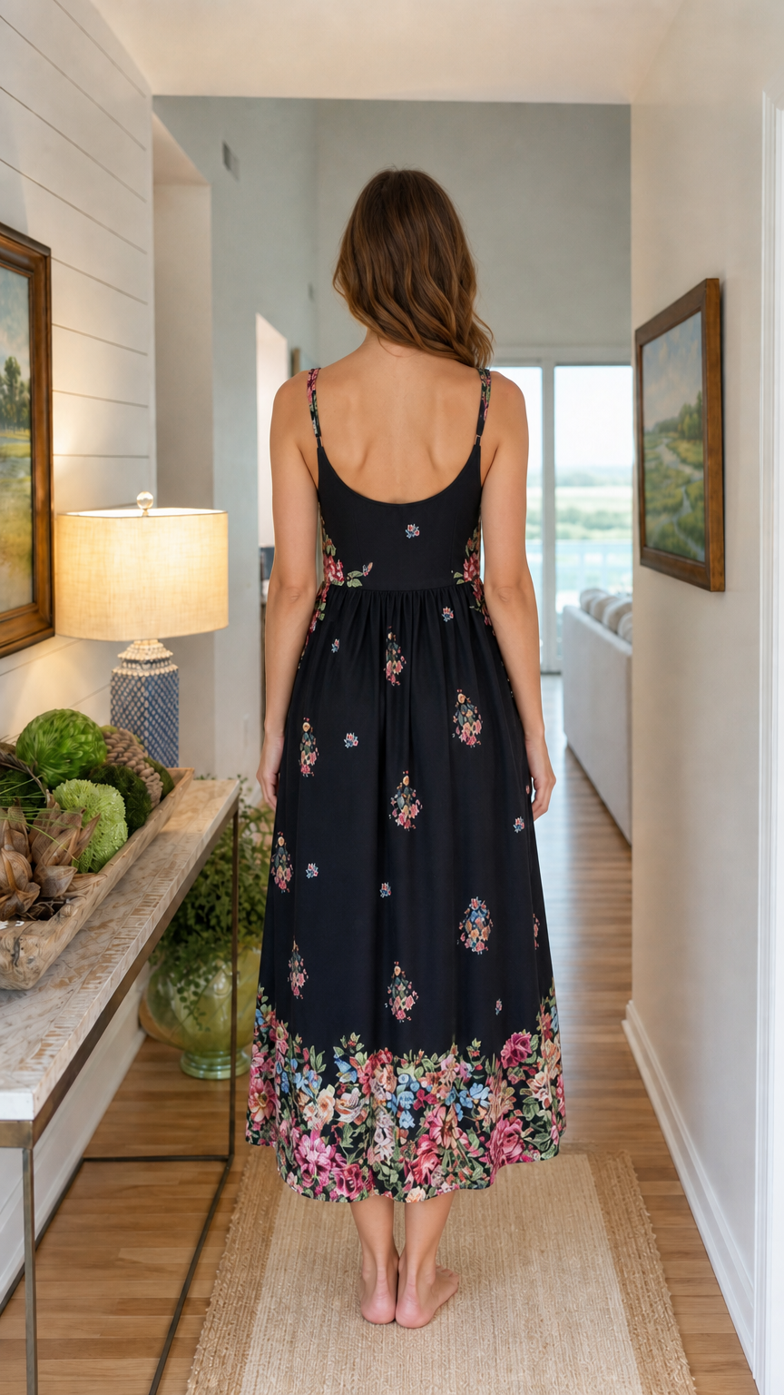 Back view of woman wearing black floral embroidered midi dress