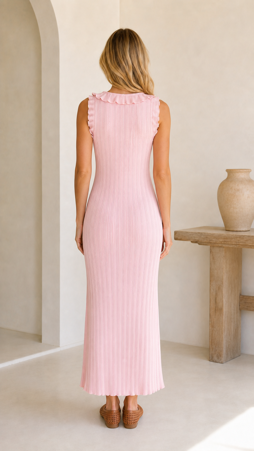 Back view of pink sleeveless maxi dress