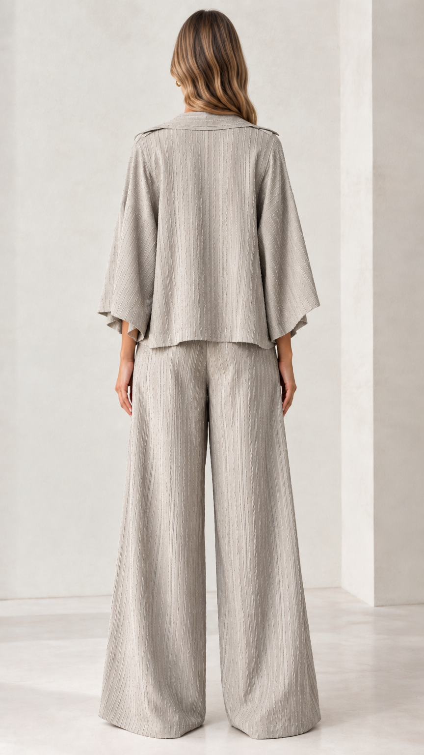 Back view of woman modeling the light grey draped jacket and wide-leg trousers