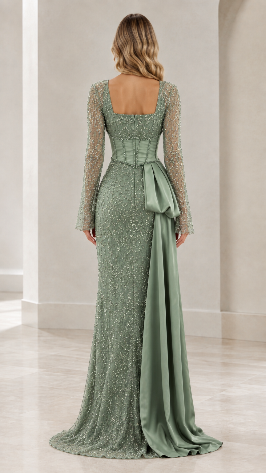 Back view of sage green square back beaded gown with tailored fit and side train