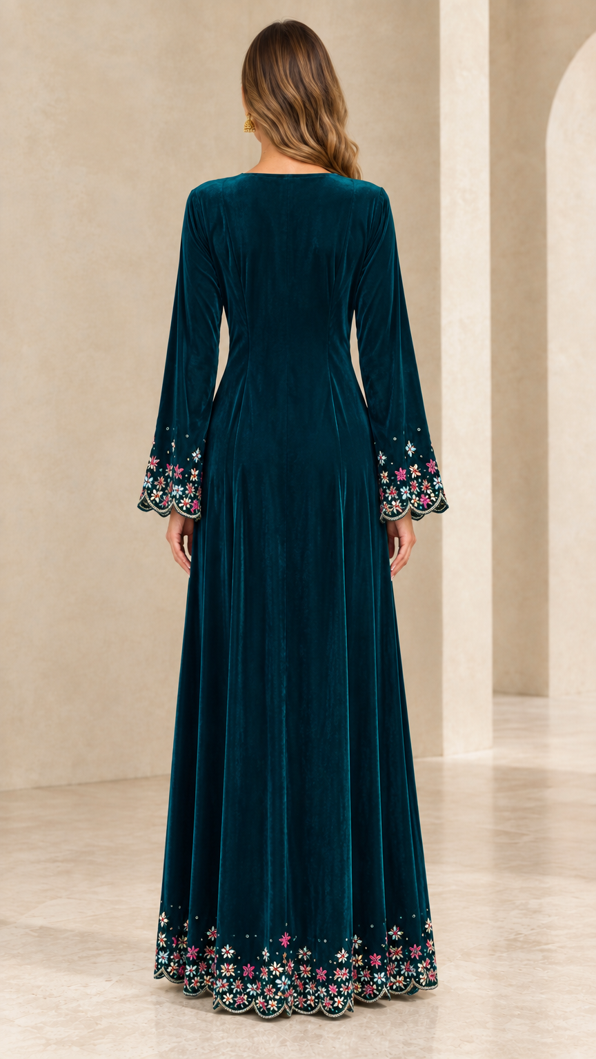 Back view of teal velvet evening gown with adjustable lace-up corset detail