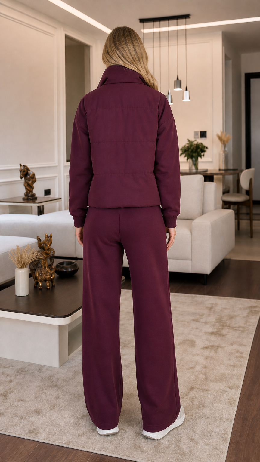 Back view of model wearing burgundy 3-piece padded vest and wide-leg pants set