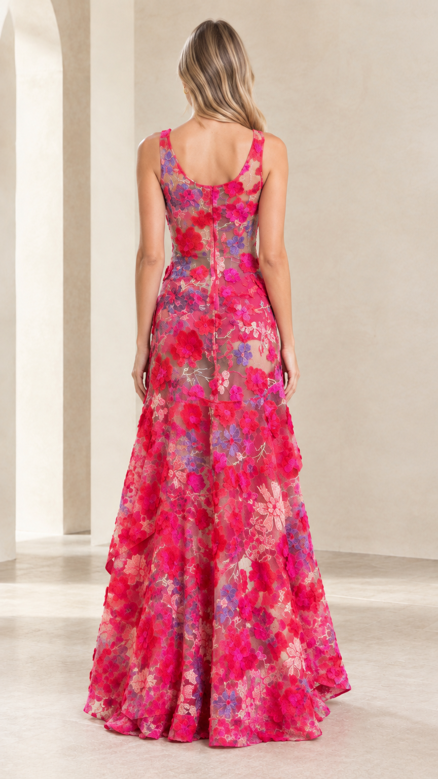 Back view of Hot Pink floral embroidered evening gown showing scoop back