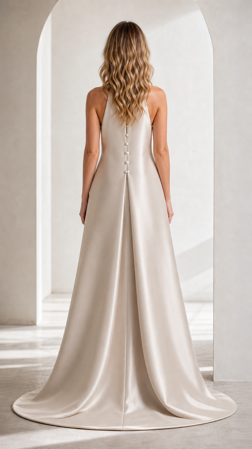 Back view of Champagne satin gown showing button details and floor-sweeping train