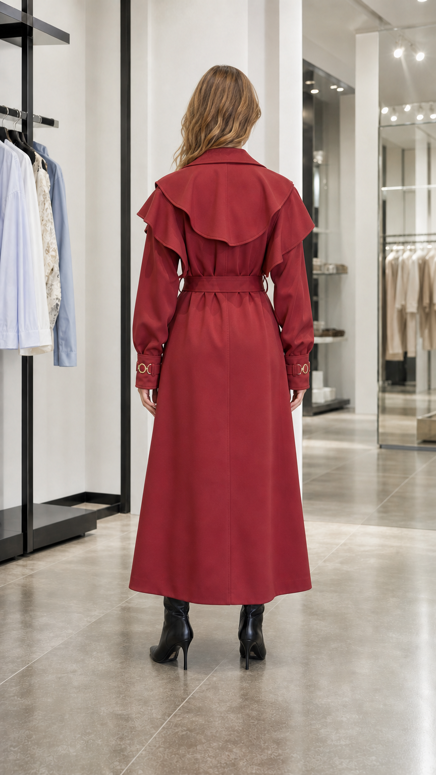 Back view of woman in red trench coat