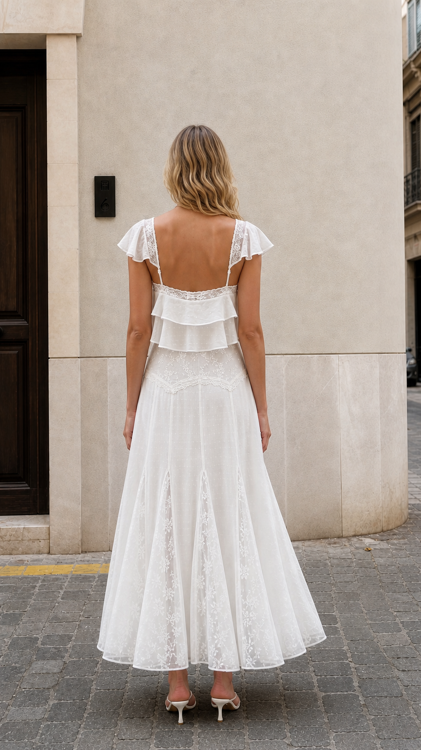 Back view of woman wearing white ruffled two-piece maxi set