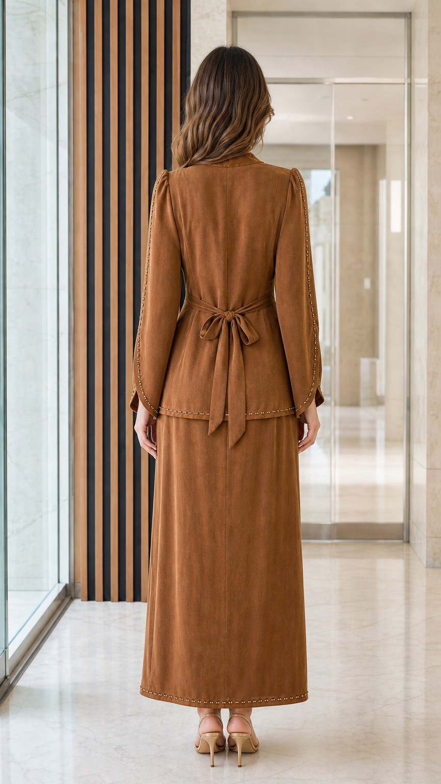 Back view of caramel brown two-piece set showing rear waist tie and slit sleeves