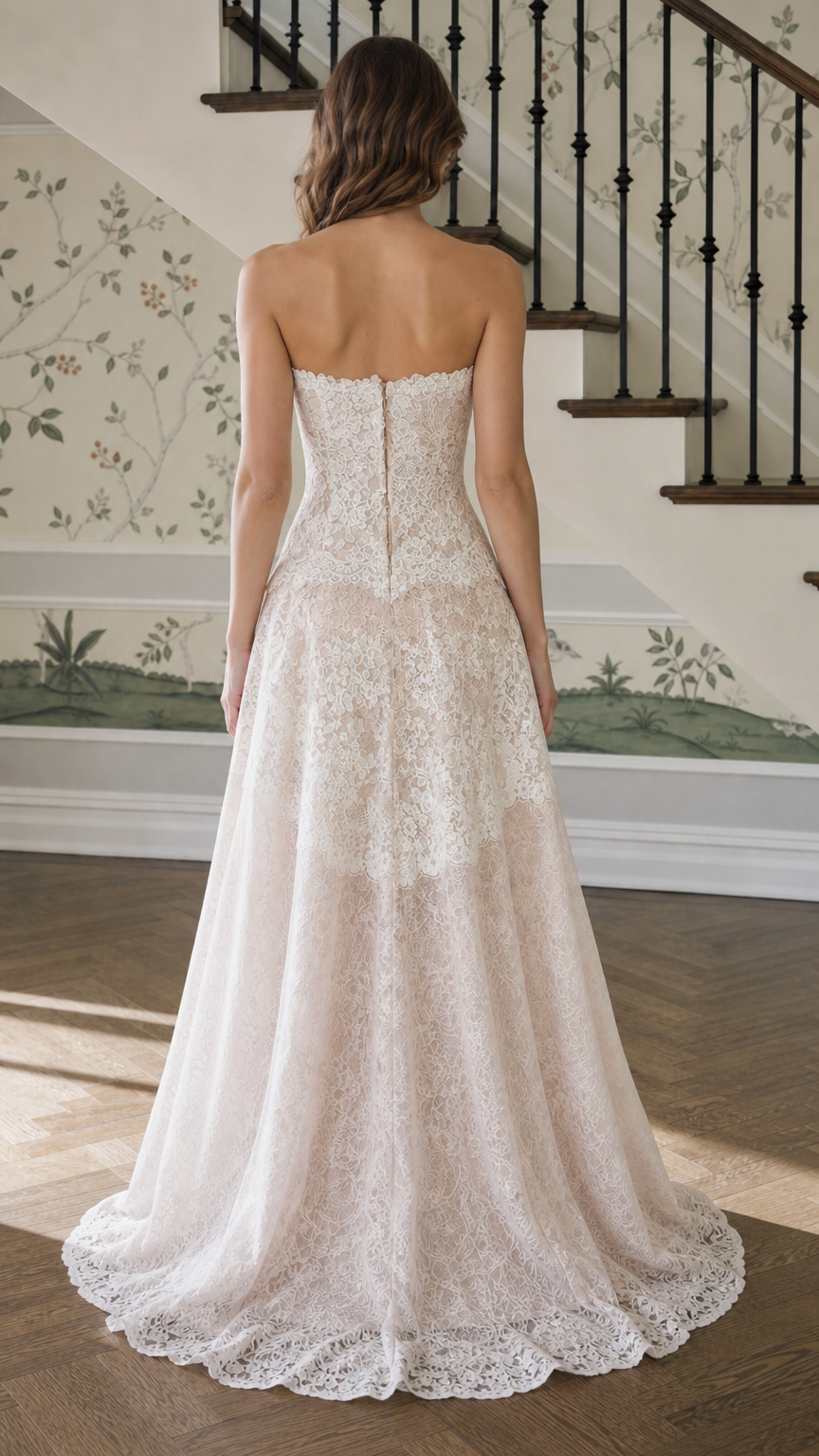 Back view showing zipper and train of champagne lace gown