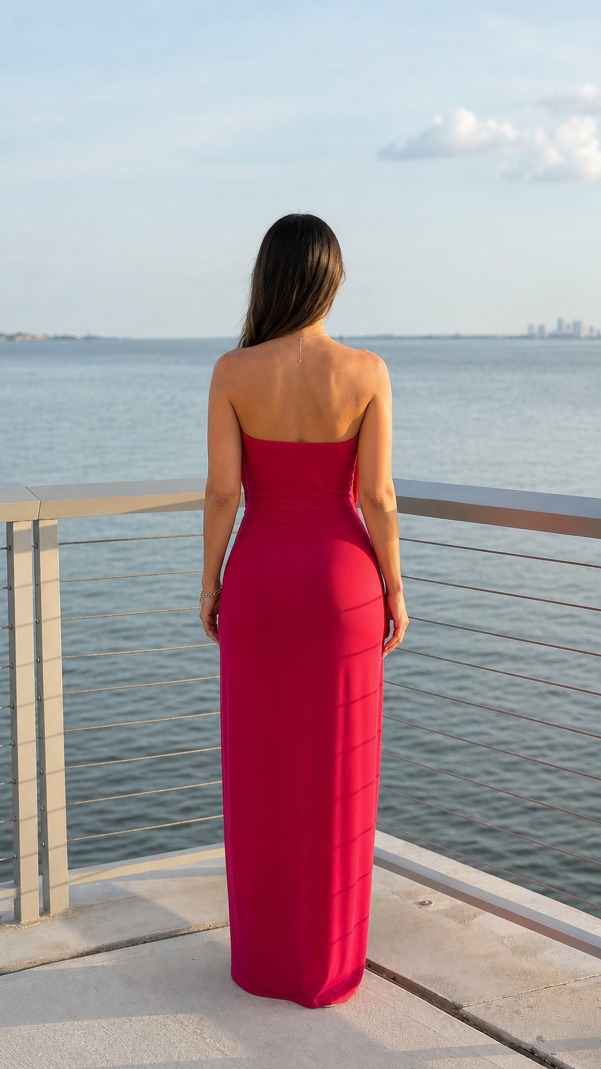Back view of woman wearing fuchsia strapless cowl neck maxi dress