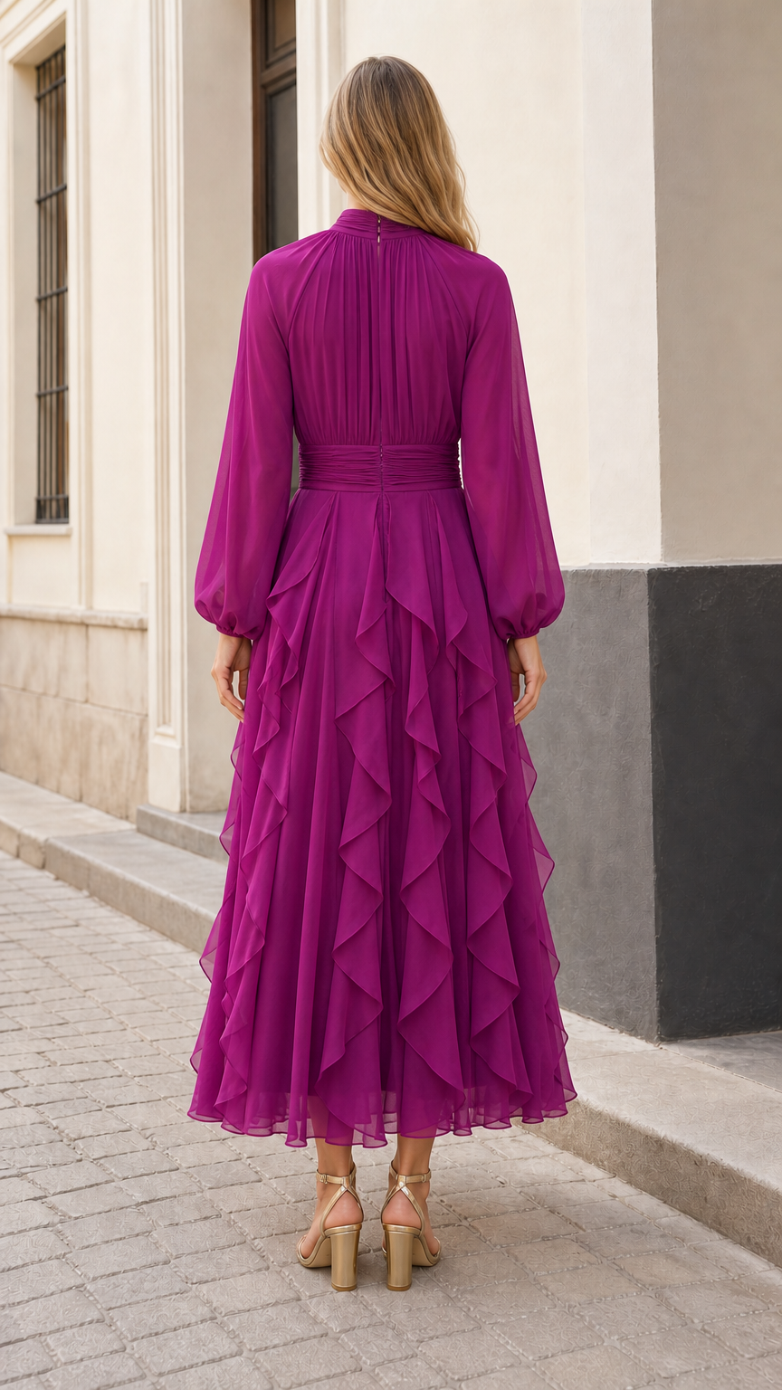 Back view of model showing the back neckline and flowing skirt of magenta maxi dress