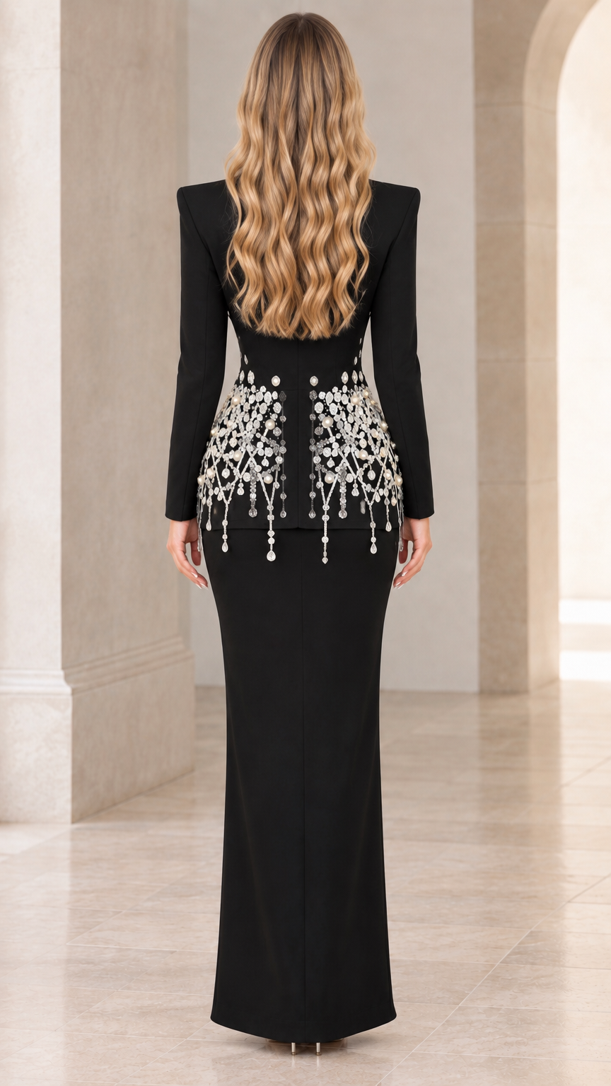 Back view of model showing tailored fit and embellishments of black skirt suit set