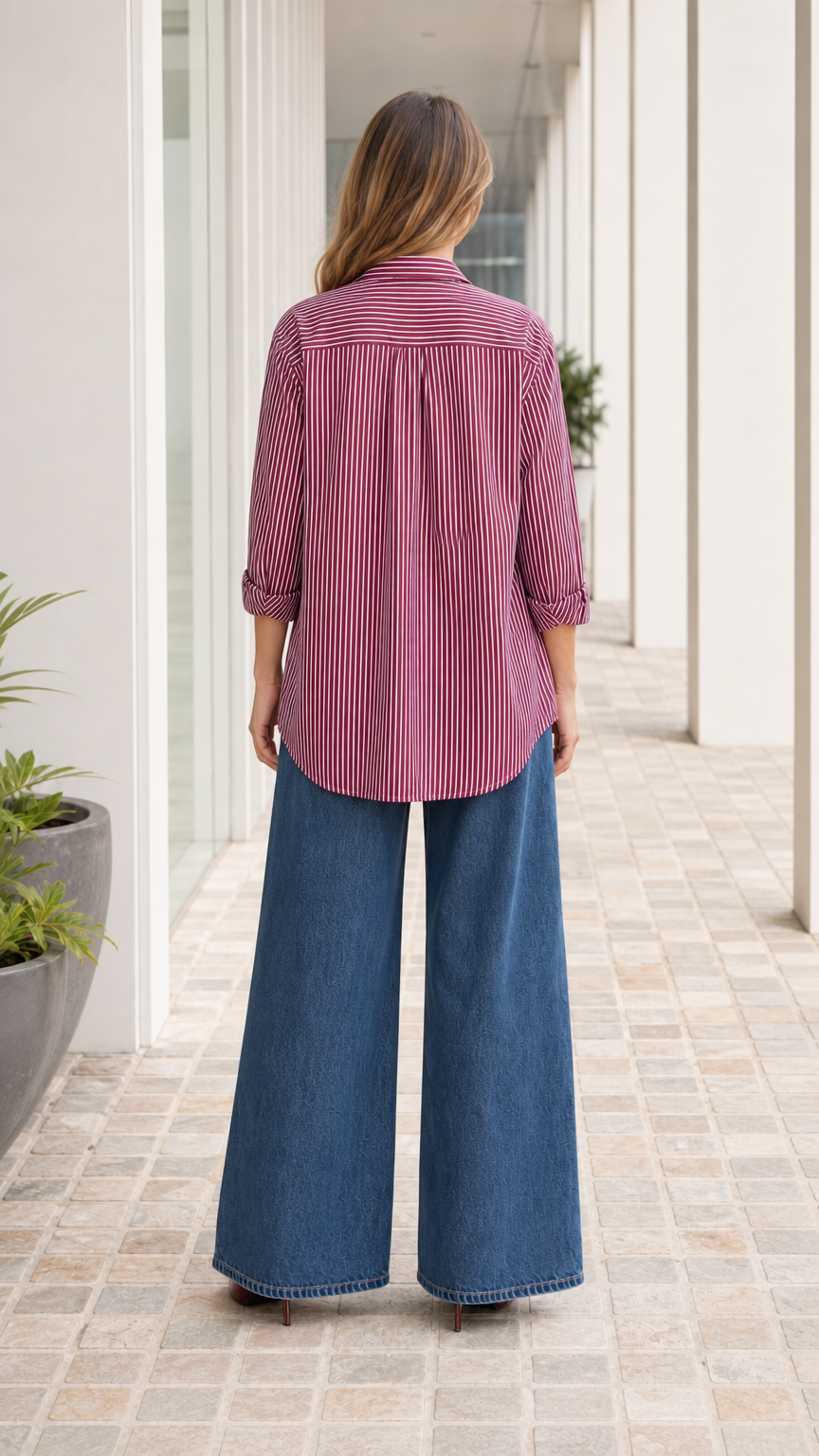 Woman wearing burgundy striped button down shirt, back view