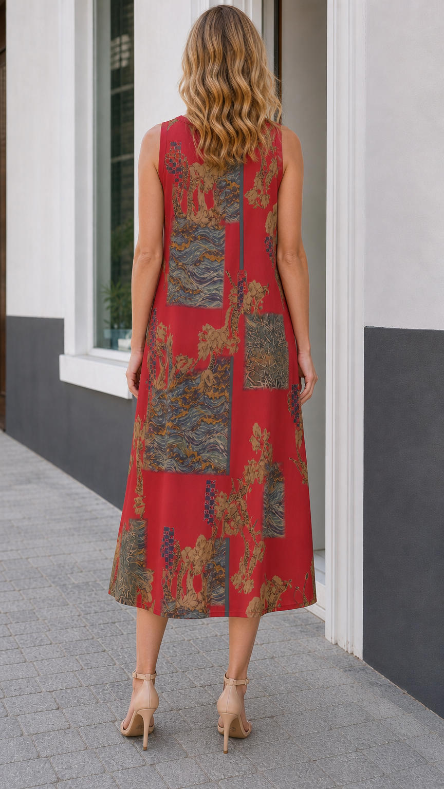 Back view of red sleeveless artistic print midi dress showing relaxed fit