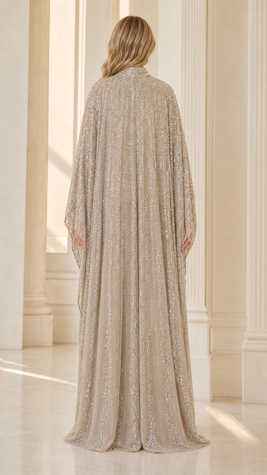 Champagne floor-length sequin kaftan dress back view