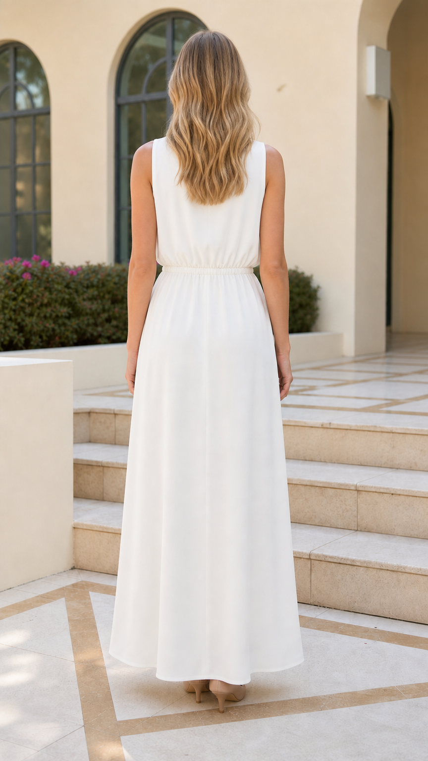 Back view of model in white maxi dress