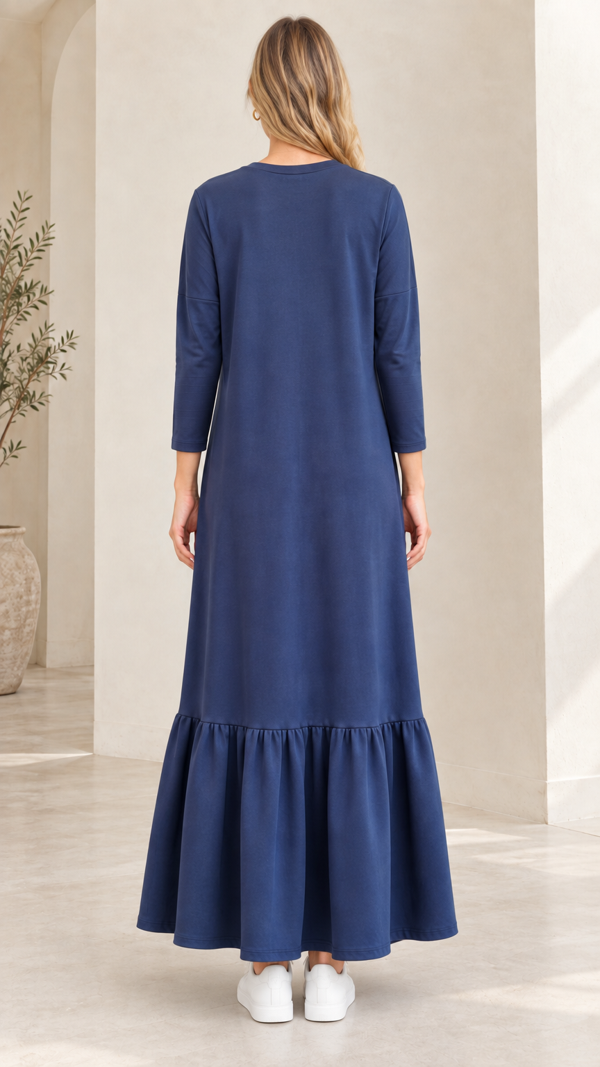 Back view of Navy Blue relaxed crew neck tiered maxi dress