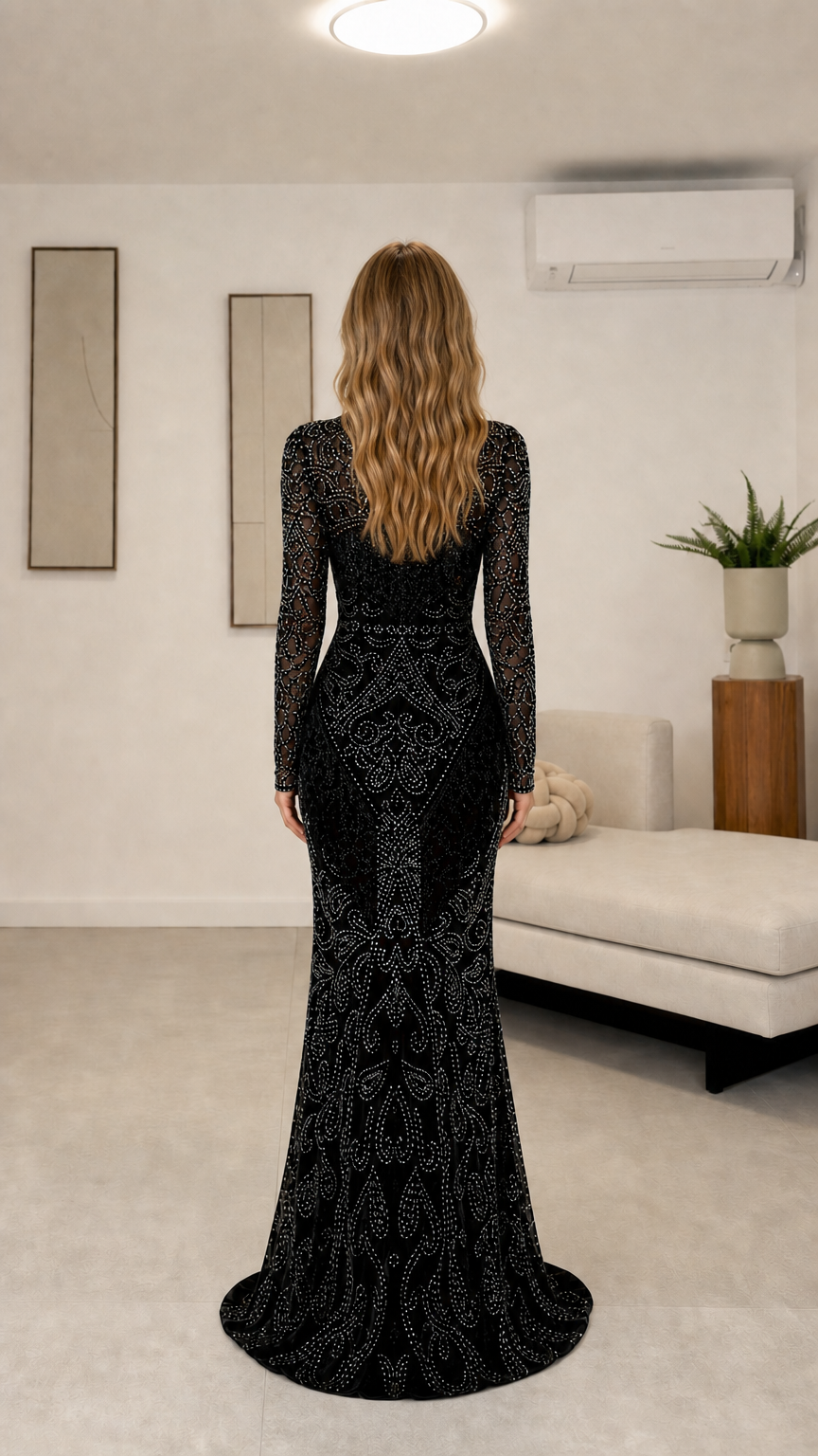 Back view of black long sleeve floor-length formal gown