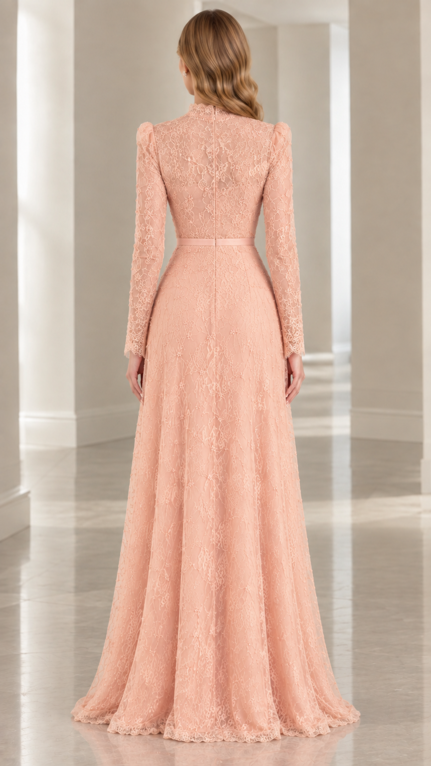 Back view of blush pink lace evening dress with full-length skirt