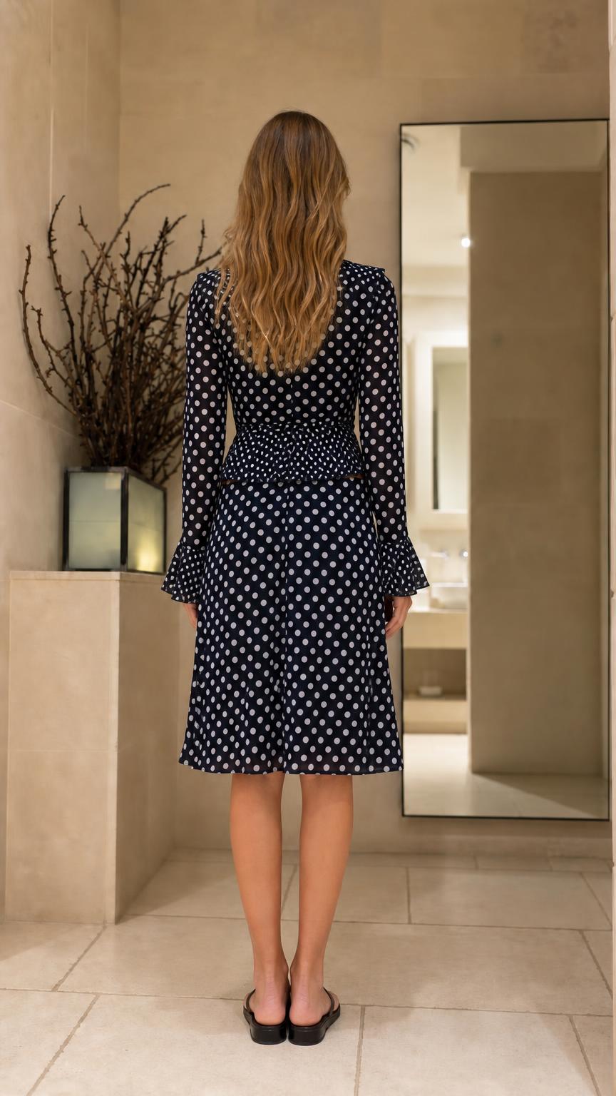 Back view of Navy Blue polka dot matching set