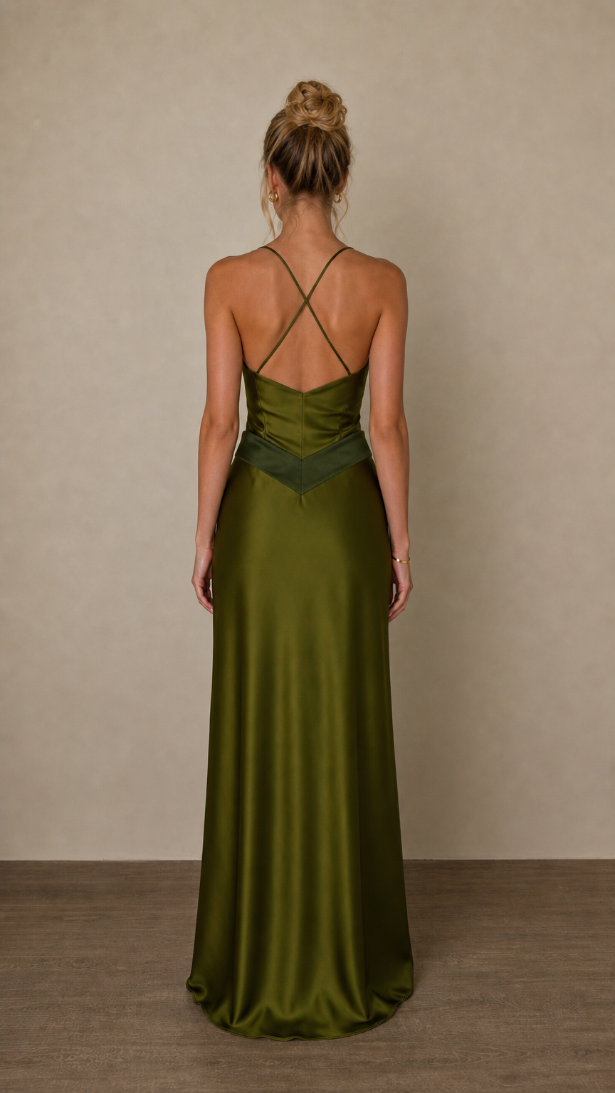 Back view showing criss-cross straps on olive satin dress