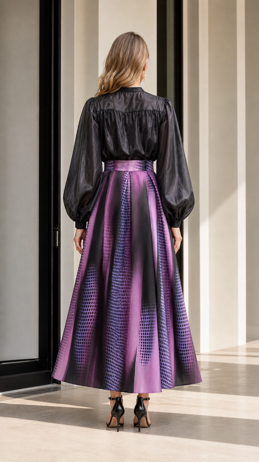 Back view of model wearing black ruffle top and purple gradient skirt