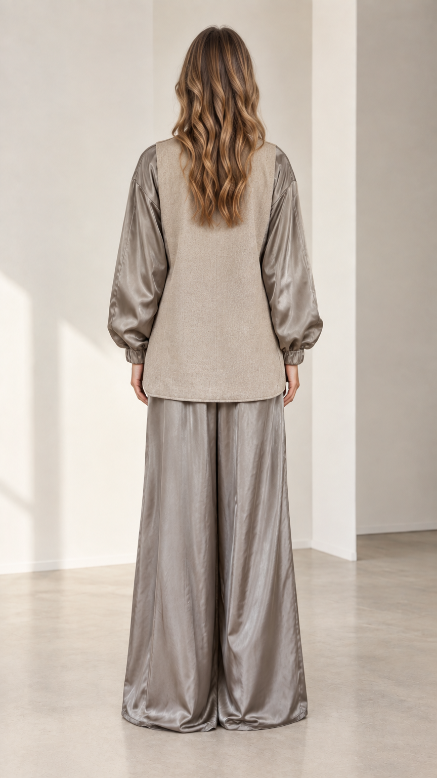 Back view of model wearing relaxed taupe contrast blazer and wide-leg trousers