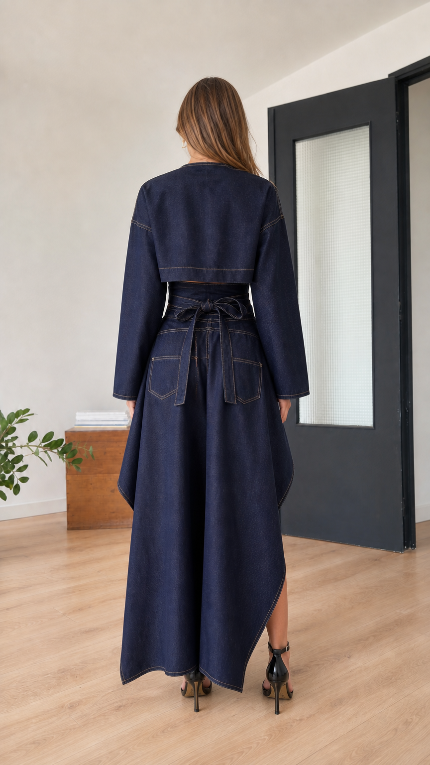 Model wearing indigo blue set, back view with tied waist detail