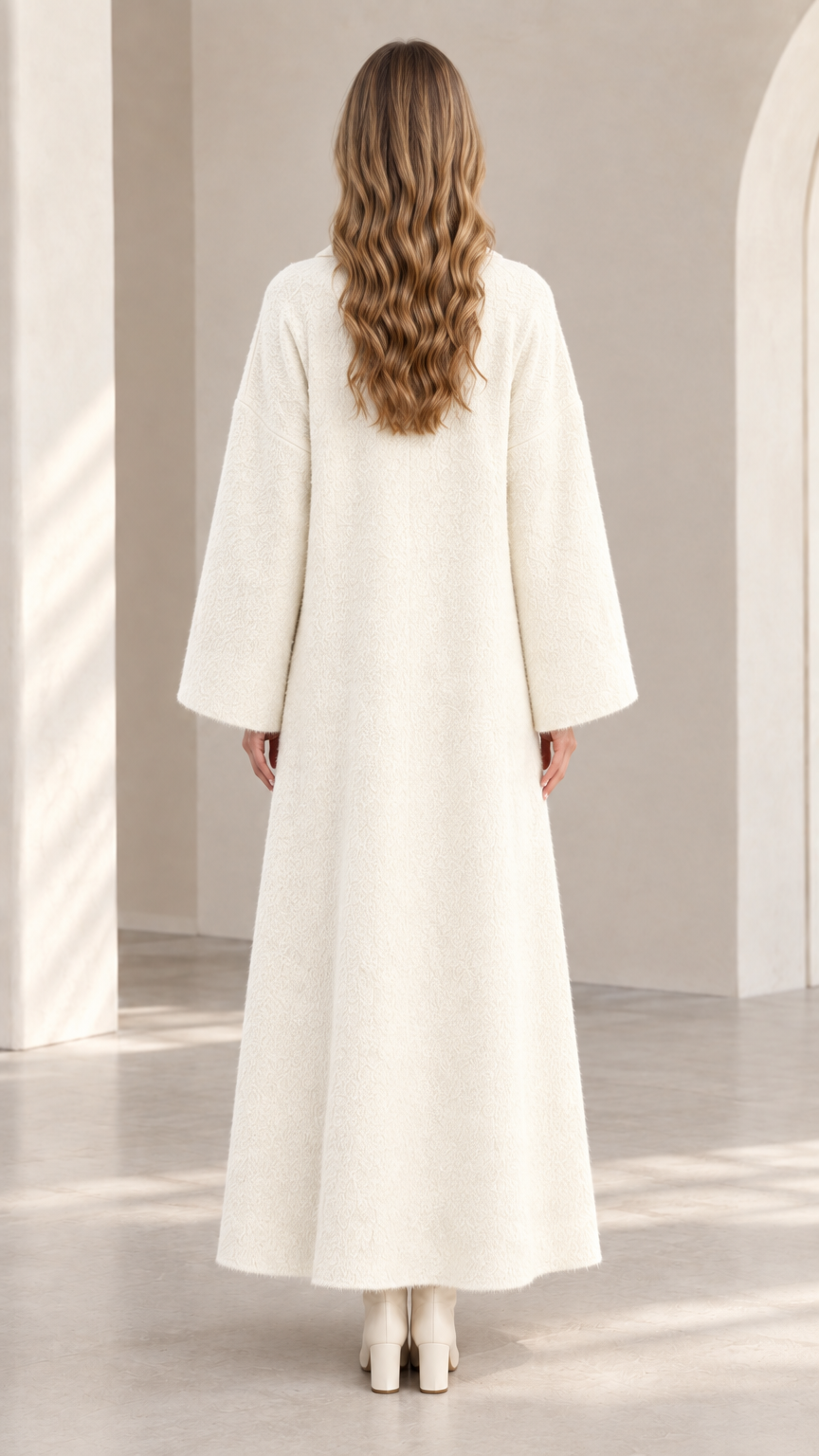 Back view of model wearing off-white floor-length knit duster coat