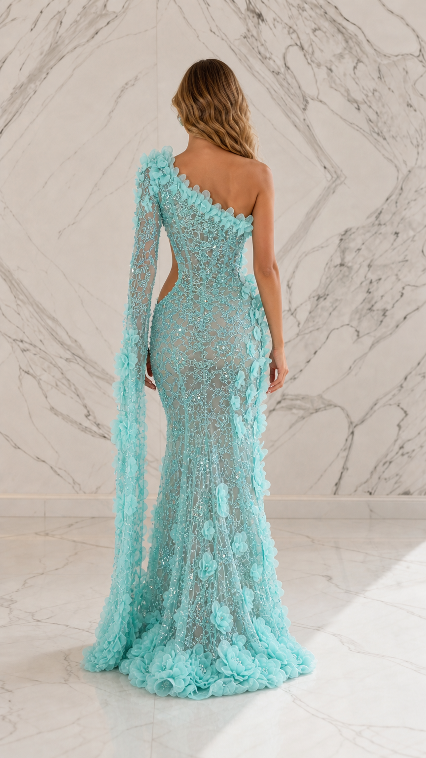 Back view of light blue evening dress with floral cape detail