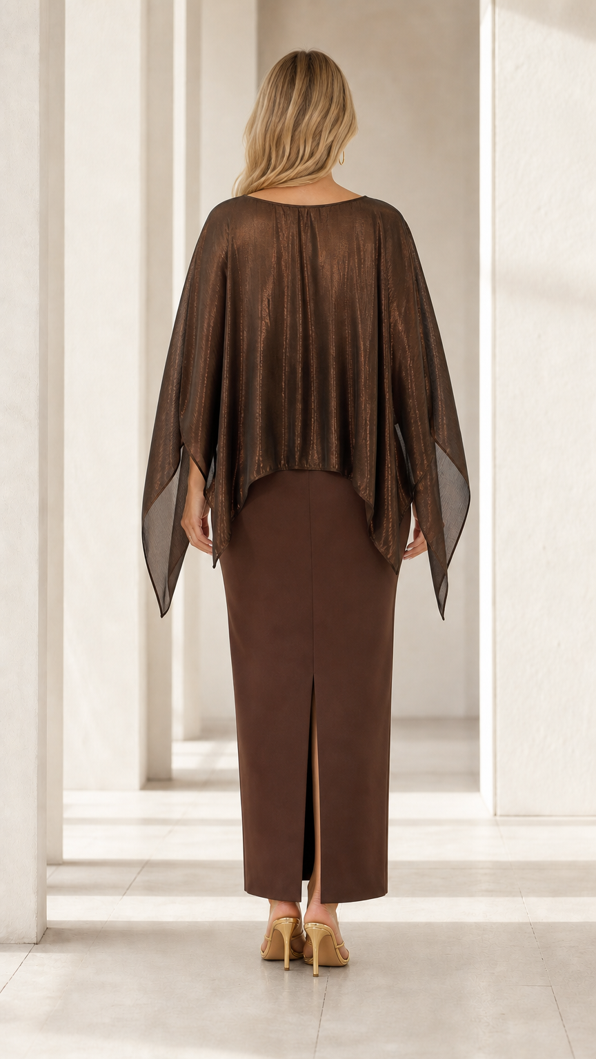 Back view of woman wearing brown capelet maxi gown showing back hem slit