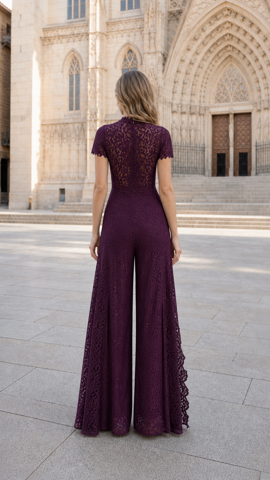 Back view of woman wearing Plum floral lace wide-leg jumpsuit