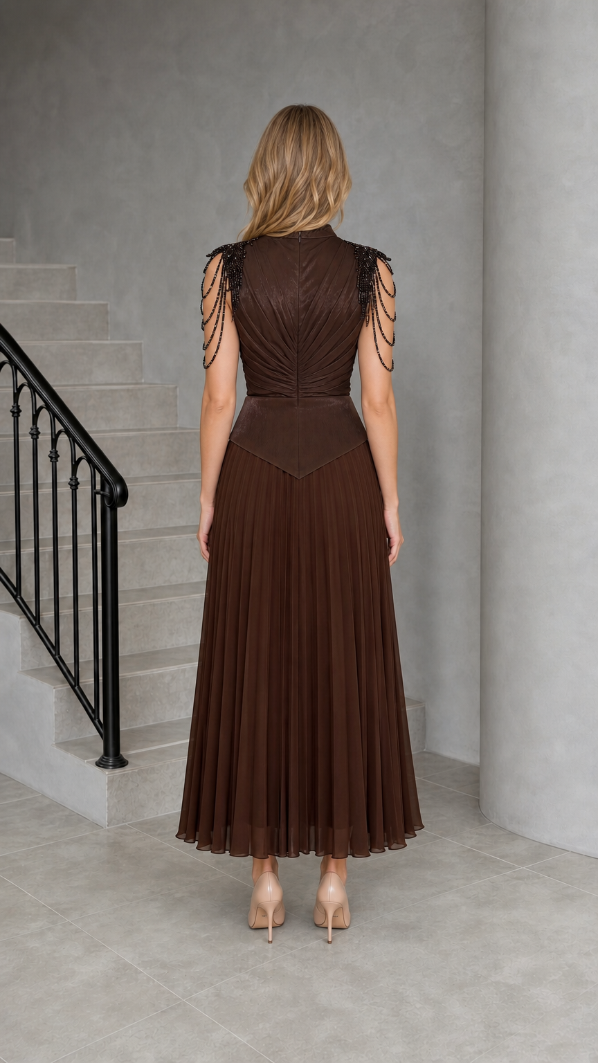 Chocolate Brown Pleated Formal Dress - Back View with Zip Closure
