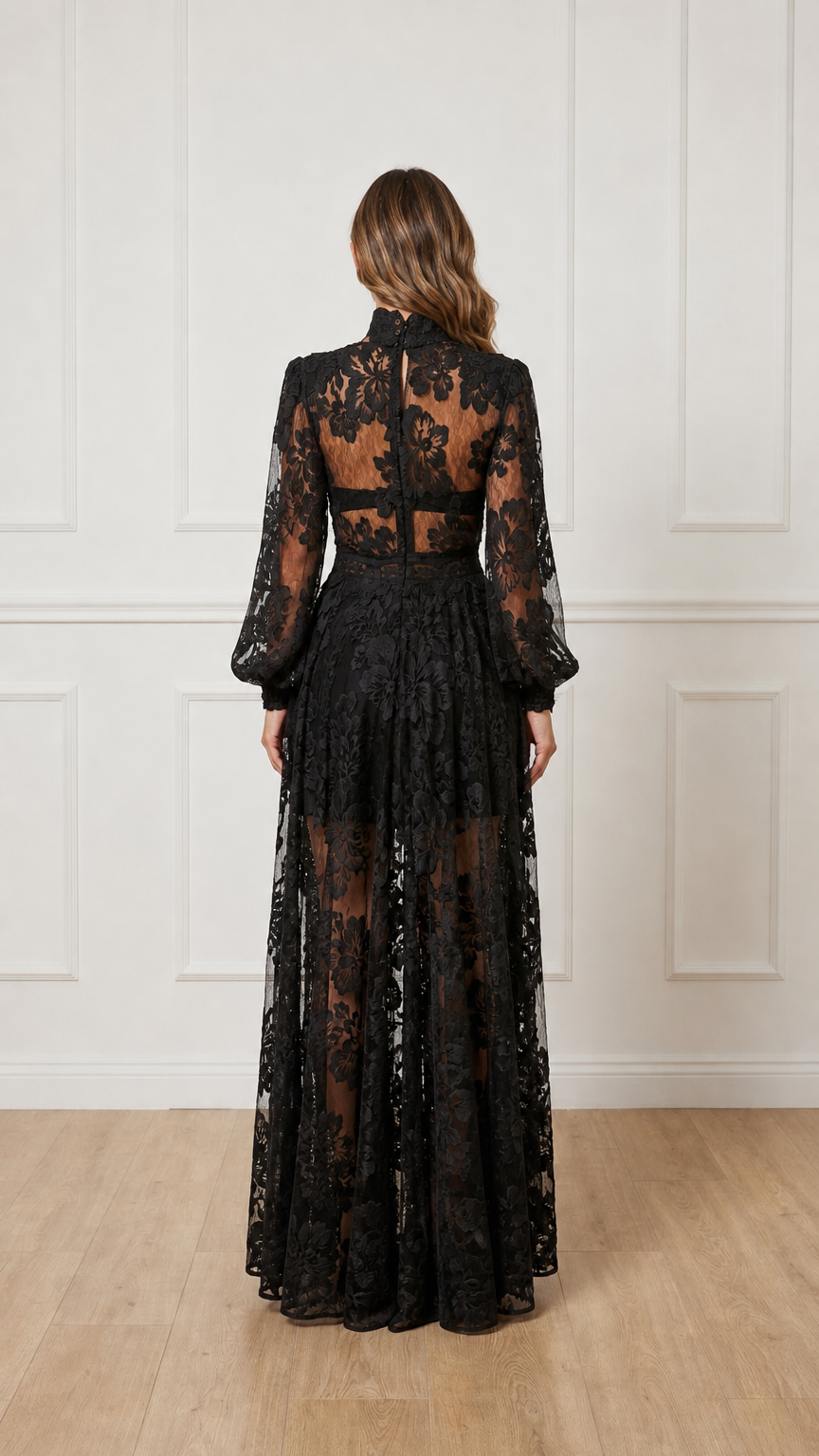 Back view of black floral lace evening gown