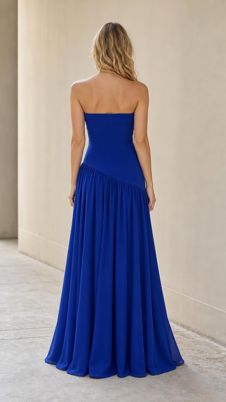 Back view of model in royal blue chiffon maxi dress
