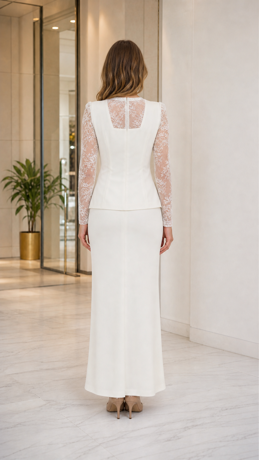 Back view of Ivory evening maxi dress highlighting sheer lace back yoke and long lace sleeves