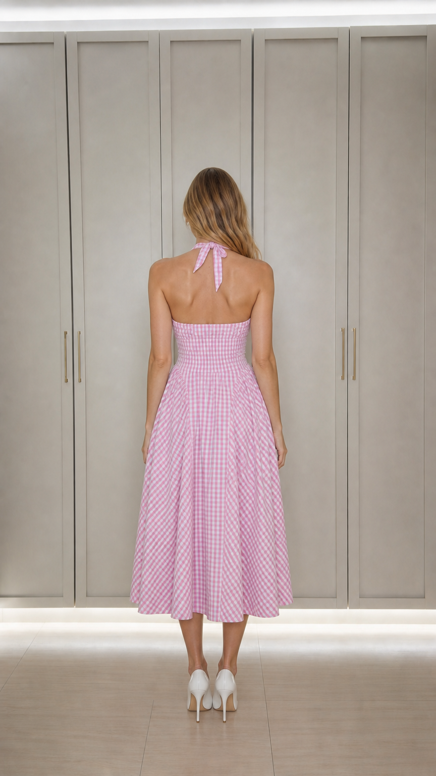 Back view showing halter neck tie and open back