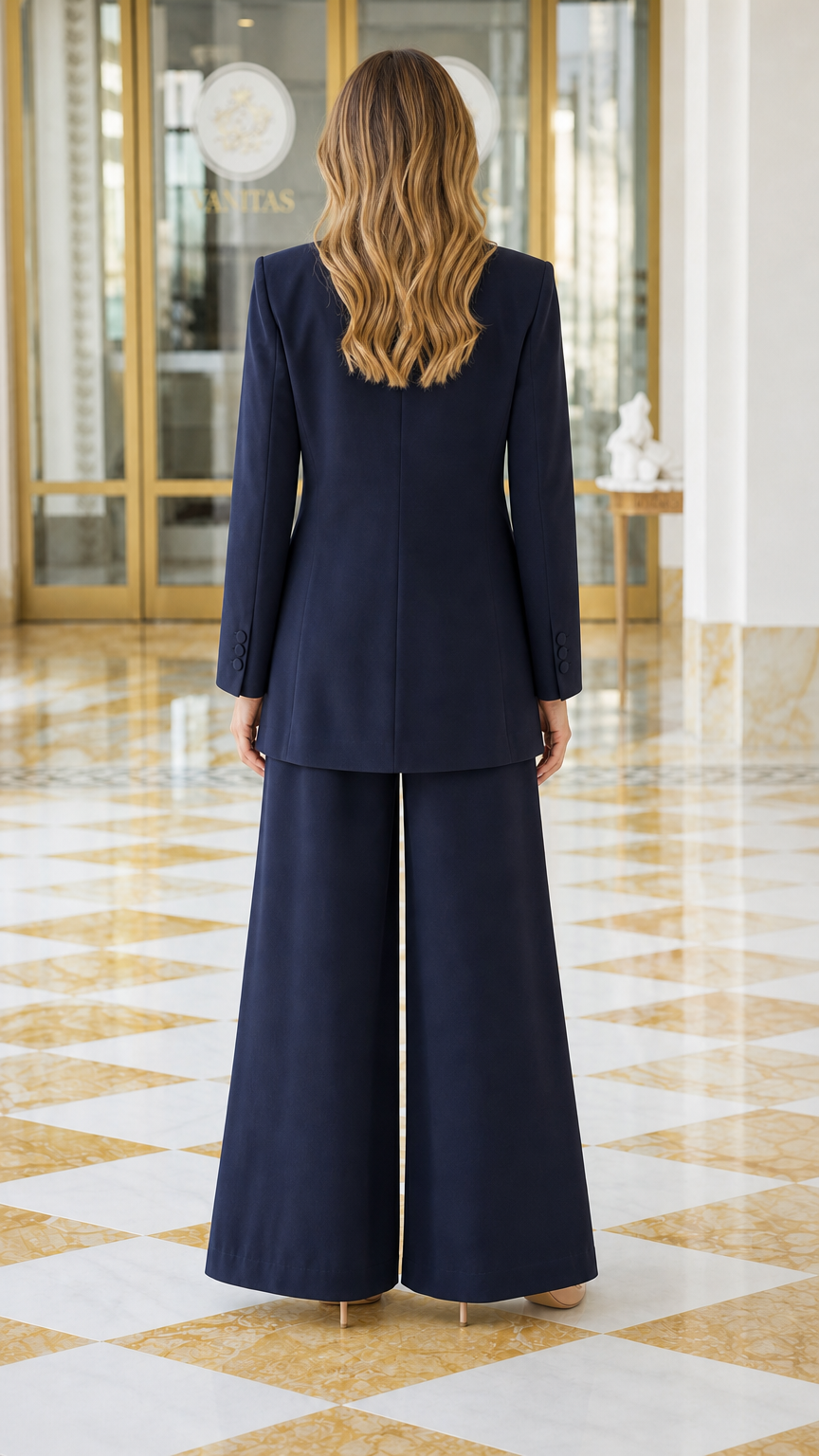 Back view of the navy two-piece blazer and full-length pants suit